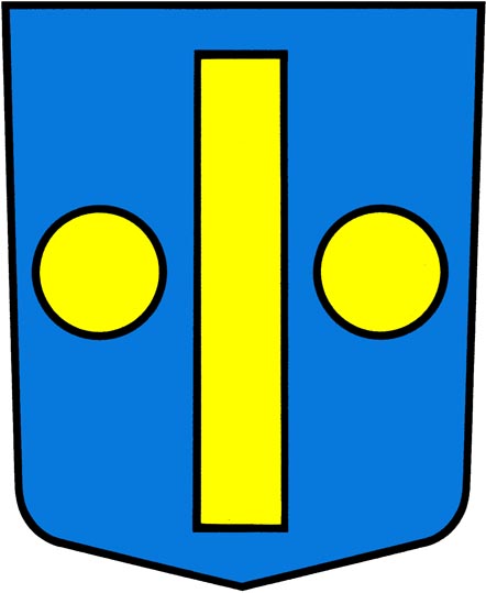 In Blau ein schwebender goldener Pfahl, beseitet von 2 goldenen Kugeln